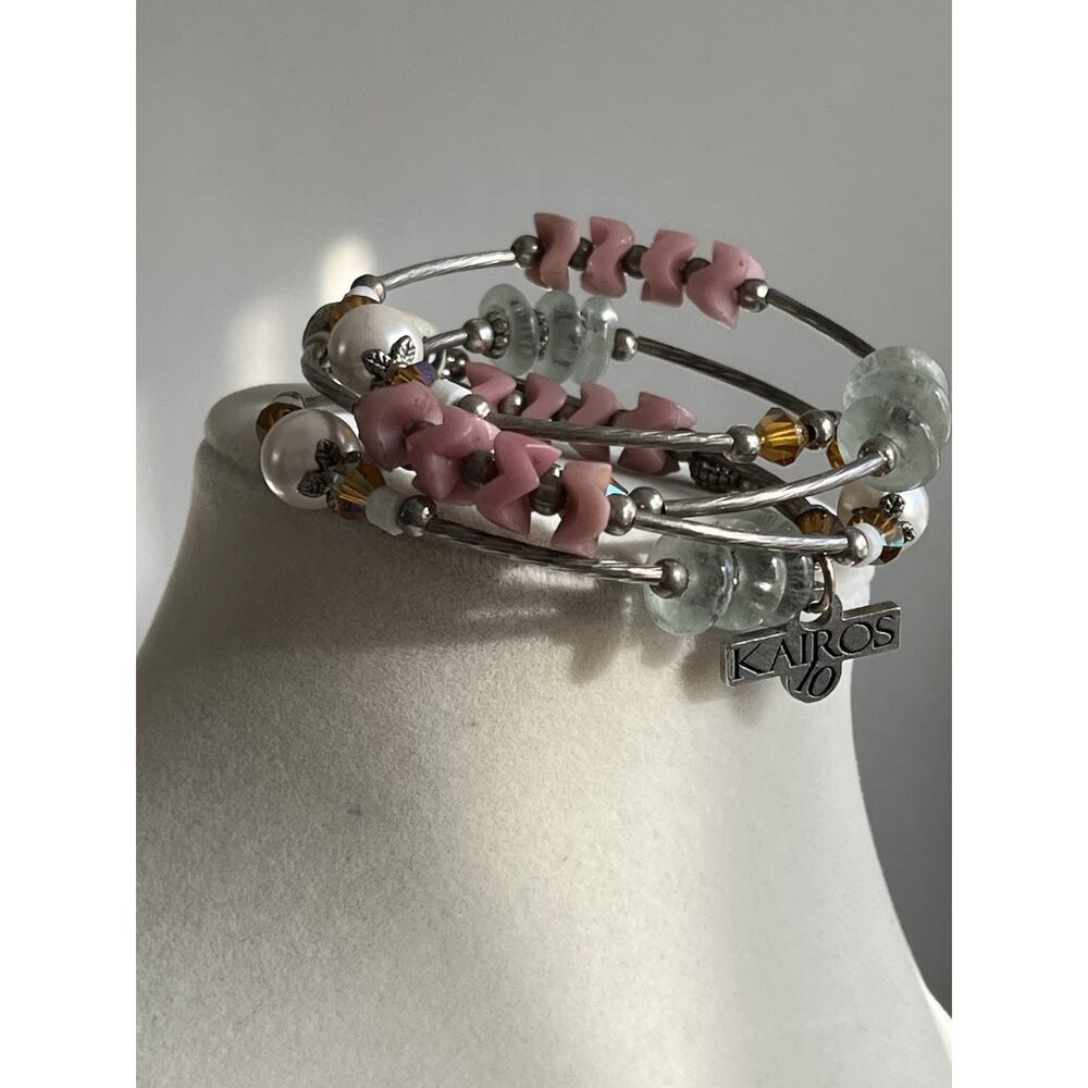 KAIROS 10 Memory Wire Bracelet Pink Faux Pearl Silver Tone One Size